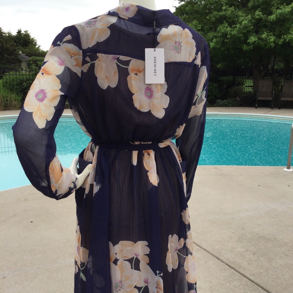 SHEER floral long 3/4 sleeve duster maxi COVER UP - Picture 10 of 16